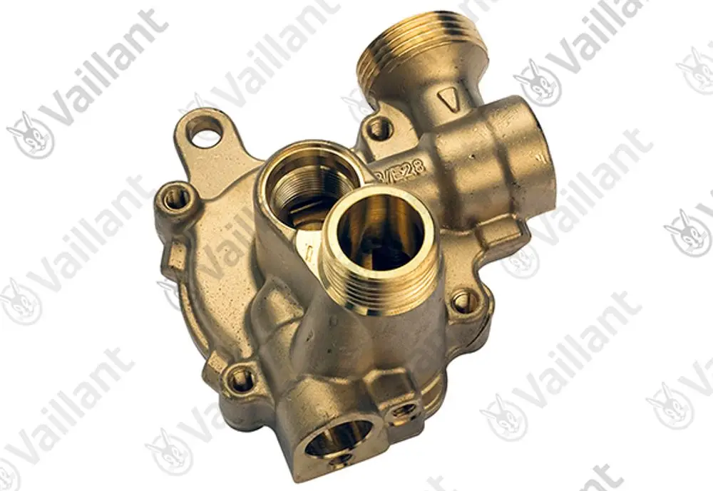 Vaillant Wasserschalter-Unterteil aus Metall mit mehreren Gewindeanschlüssen, offenbar für die Installation in einem Heizsystem vorgesehen.